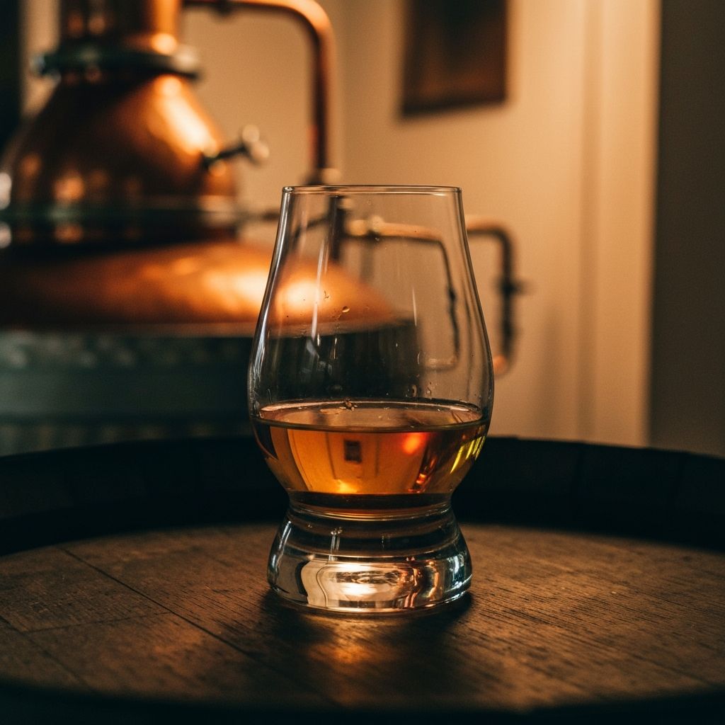 A glass of Scotch whisky beside a copper still